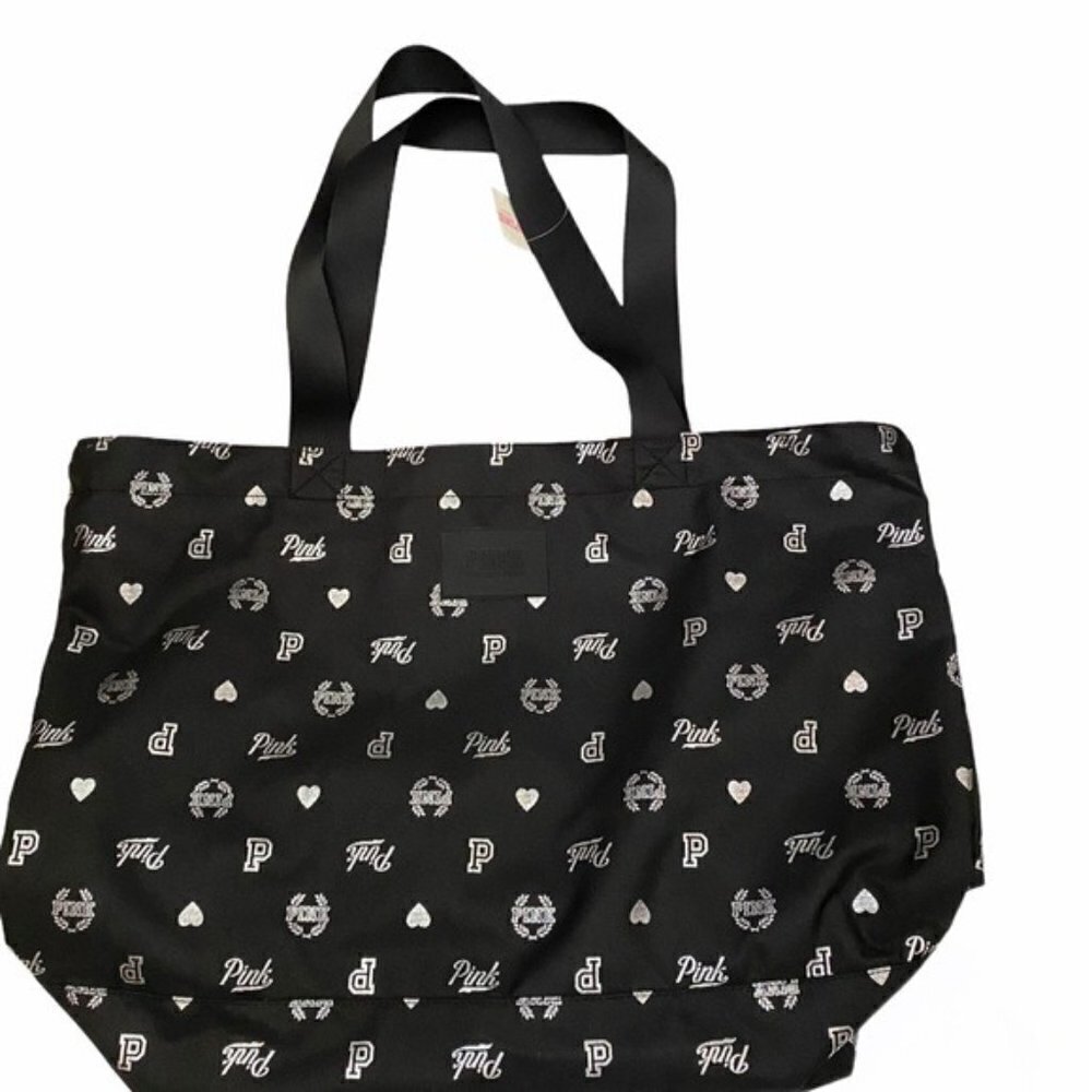 PINK Victoria’s Secret Tote Black Zip Top Sleepovers Day Trip Allover Logo NWT